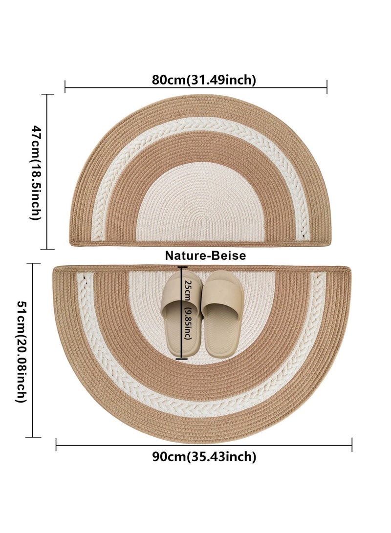 LAZY H CORNER Bohemian Half-Circle Linen Outdoor Door Mats - Washable 80 cm 90 cm Soft & Comfortable in Beige Tone Patchwork for Entryway Home Entrance - Image 3